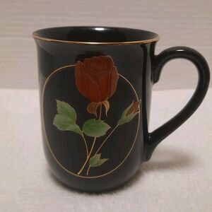 Vintage Otagiri Black Mug Crimson Rose Gold Trim Japan Floral Coffee Tea Cup